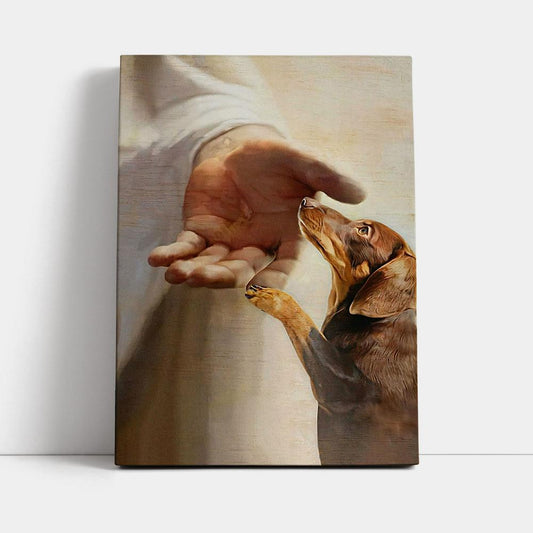 Dachshund Handshake With Jesus Canvas Wall Art - Jesus Canvas Pictures - Christian Canvas Wall Art