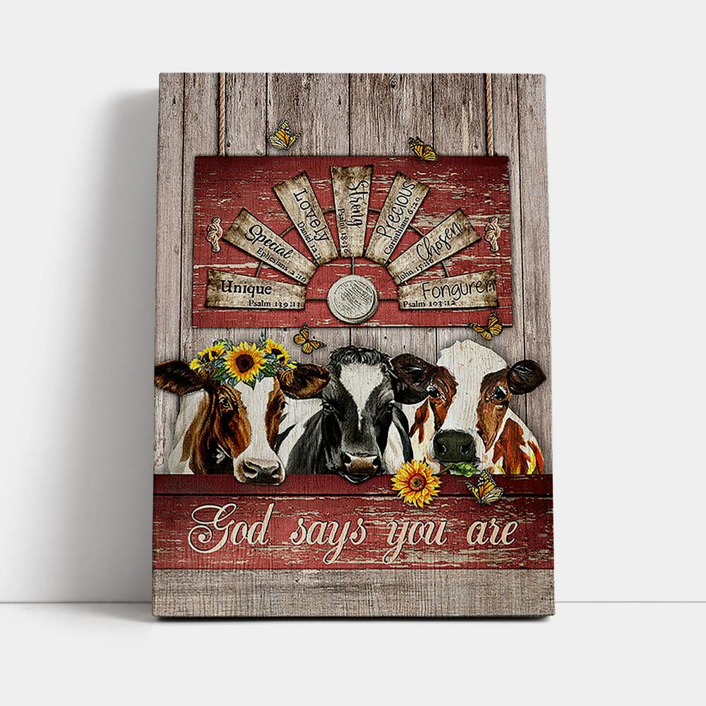 Dairy Cow Sunflower Wreath Windmill Canvas- God Says You Are Canvas Wall Art - Christian Canvas Prints