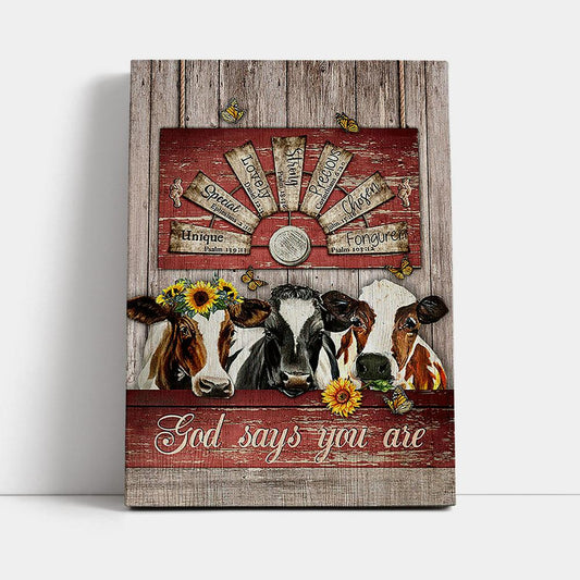 Dairy Cow Sunflower Wreath Windmill Canvas- God Says You Are Canvas Wall Art - Christian Canvas Prints
