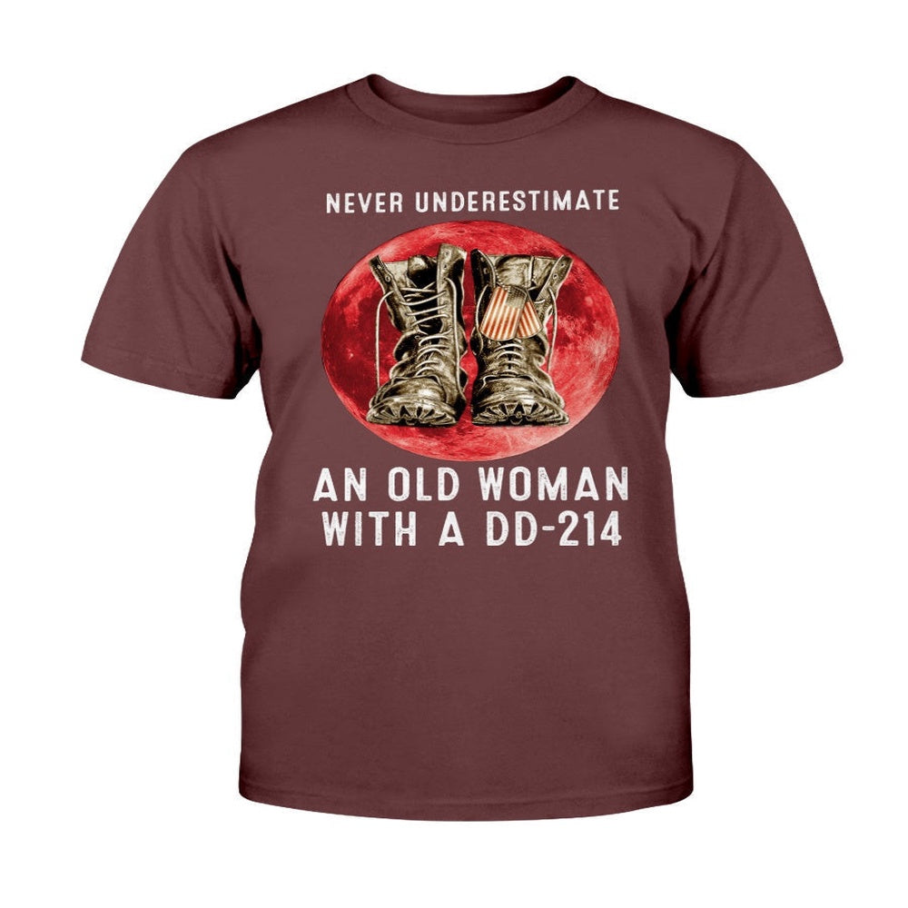 Dd214 Shirt, Never Underestimate An Old Woman With A DD-214 Blood Moon T-Shirt, Veterans Day Shirts