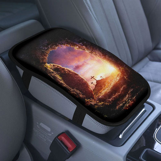 Easter Morning Golgotha Hill Cross Resurrection Car Center Console Cover, Religious Armrest Pad Cover, Christian Car Accessory