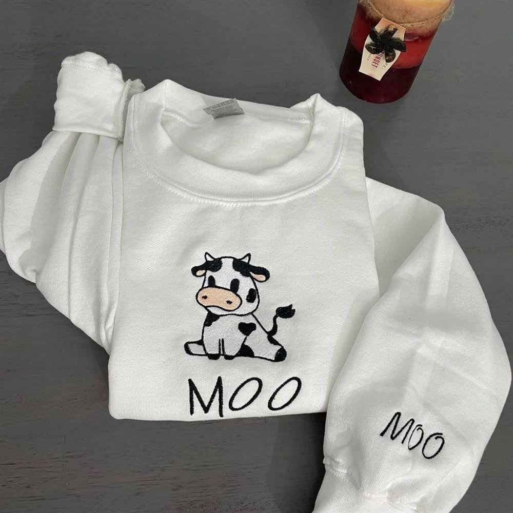 Embroidered Christmas Sweatshirt, Cow Sitting Embroidered Sweatshirt