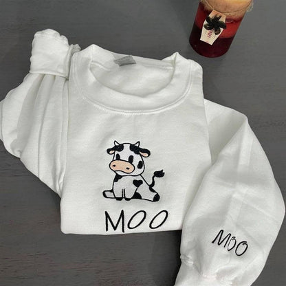 Embroidered Christmas Sweatshirt, Cow Sitting Embroidered Sweatshirt