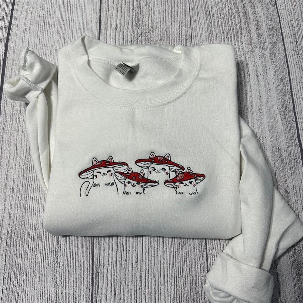 Embroidered Christmas Sweatshirt, Delightful Mushroom Cats Embroidered Crewneck