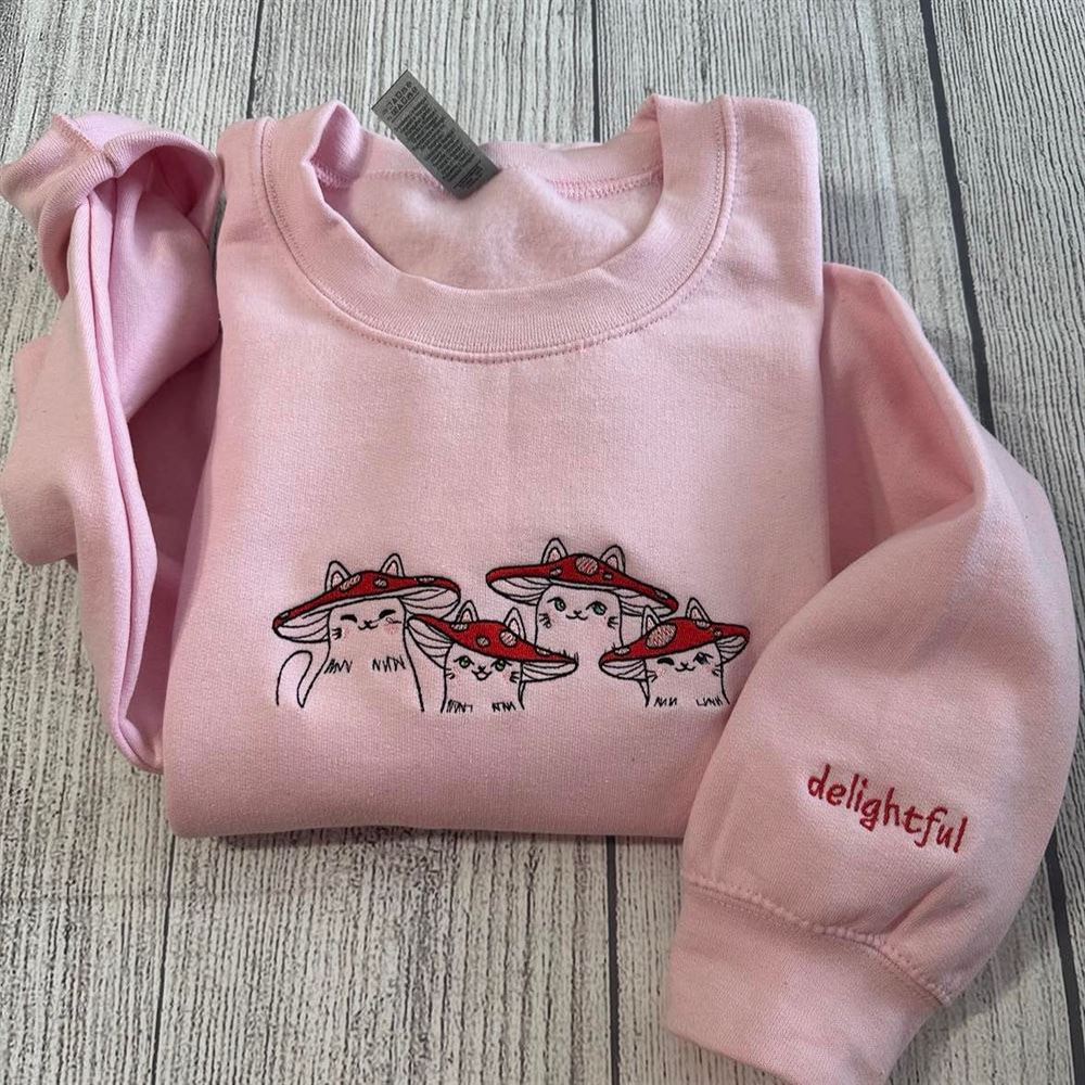 Embroidered Christmas Sweatshirt, Delightful Mushroom Cats Embroidered Crewneck