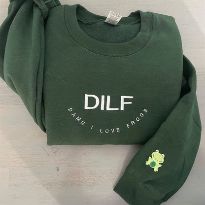 Embroidered Christmas Sweatshirt, Dilf Damn I Love Frogs Embroidered Sweatshirt