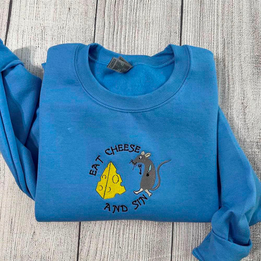 Embroidered Christmas Sweatshirt, Eat Cheese And Sin Embroidered Sweatshirt