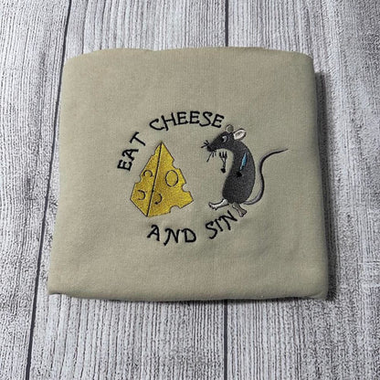 Embroidered Christmas Sweatshirt, Eat Cheese And Sin Embroidered Sweatshirt