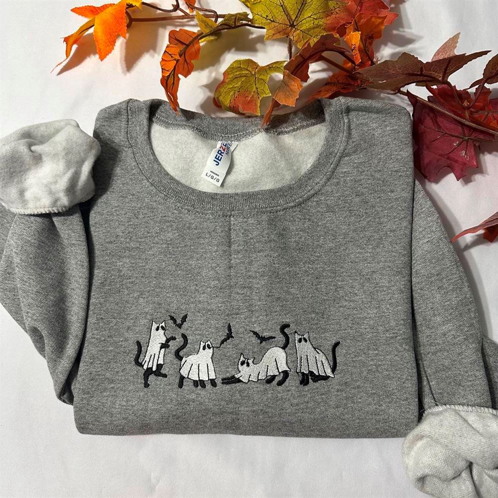 Embroidered Christmas Sweatshirt, Ghost Cats Embroidered Sweatshirt