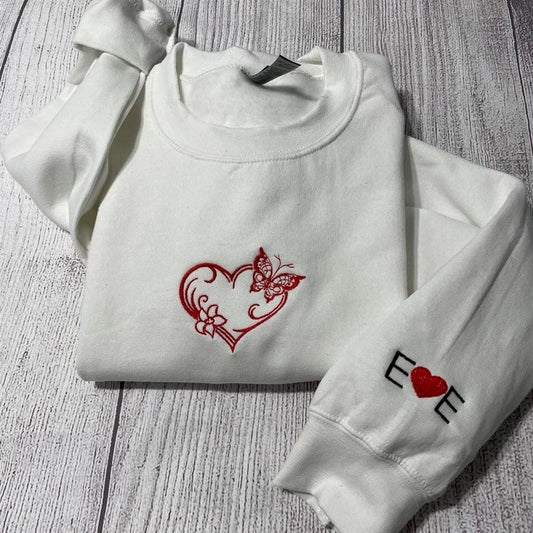 Embroidered Christmas Sweatshirt, Valentine Sweatshirt Butterfly Heart Embroidered Sweatshirt