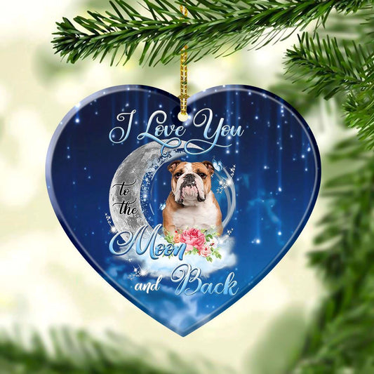 English Bulldog I Love You To The Moon And Back Heart Christmas Ornaments, Christmas Ornaments 2023