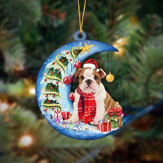 English Bulldog Sits On The Moon Merry Christmas Ornaments, Christmas Ornaments 2023