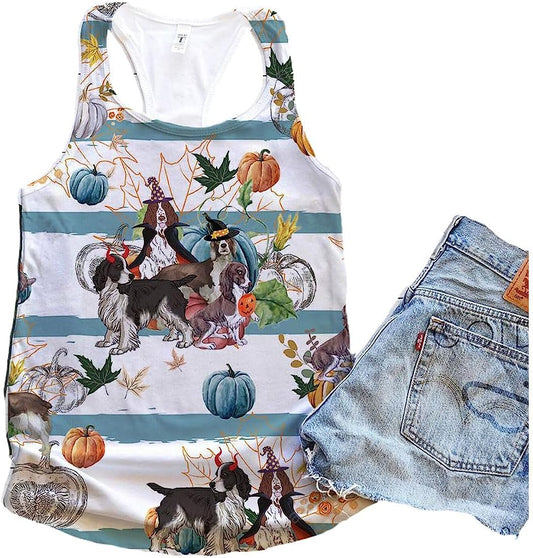 English Springer Spaniel Dog Halloween Pumpkin Retro Tank Top - Summer Casual Tank Tops For Women - Gift For Young Adults