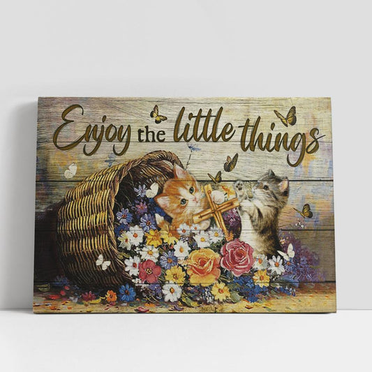 Enjoy The Little Things Flower Cat Cross Large Canvas Art, Christian Gifts Wall Art Home Decor, Religious Canvas Prints