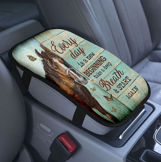 Every Day Is A New Beginning Blue Butterfly White Tulip Car Center Console Cover, Bible Verse Armrest Pad Cover, Christian Inspirational Car Accessory