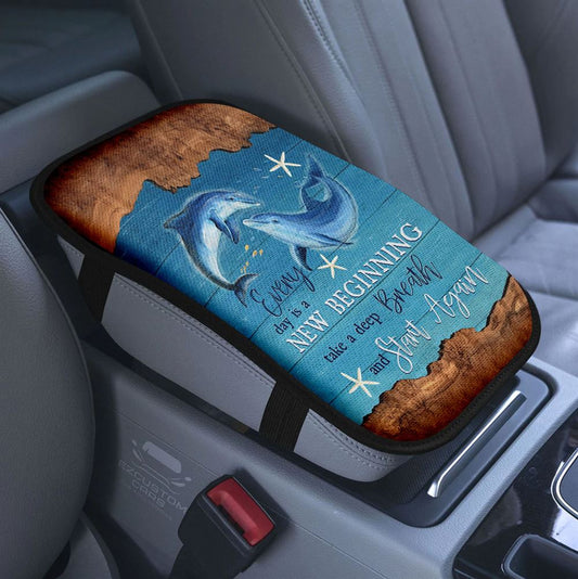 Every Day Is A New Beginning Boat Drawing Sunflower Vase Car Center Console Cover, Christian Armrest Pad Cover, Religious Car Accessory