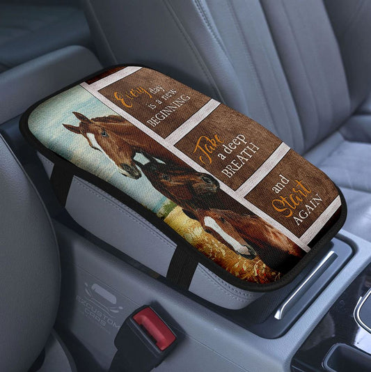 Every Day Is A New Beginning Brown Horse Monarch Butterfly Car Center Console Cover, Christian Armrest Pad Cover