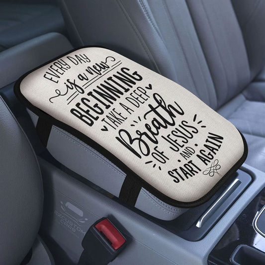 Every Day Is A New Beginning Red Geranium Hummingbird Car Center Console Cover, Christian Armrest Pad Cover, Bible Verse Car Accessory