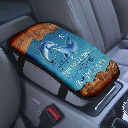 Every Day Is New Beginning Sunset Sea Turtle Lighthouse Car Center Console Cover, Christian Armrest Pad Cover, Bible Verse Car Accessory
