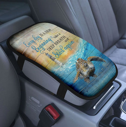 Everyday Is A New Beginning Dolphin Blue Ocean Car Center Console Cover, Bible Verse Armrest Pad Cover, Christian Inspirational Car Accessory