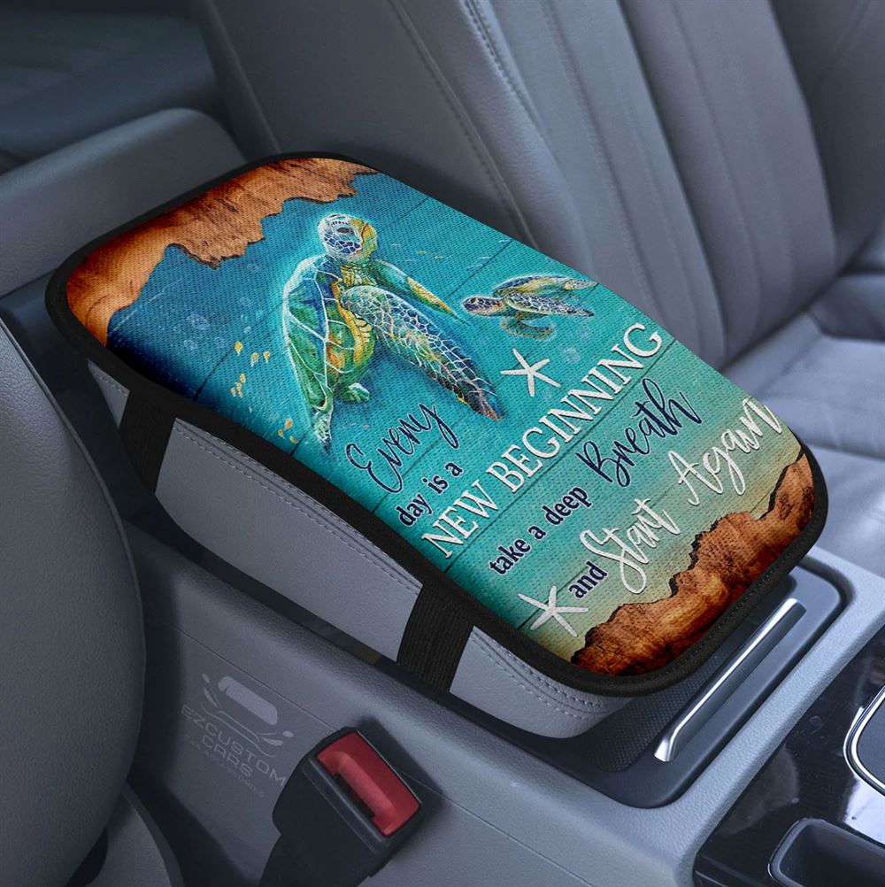Everyday Is A New Beginning Horse Sunflower Garden Hummingbird Car Center Console Cover, Christian Armrest Pad Cover