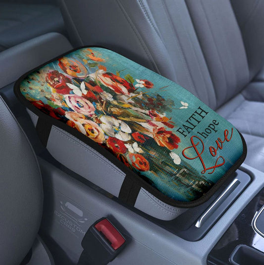 Face Of Jesus Pretty Girl Red Flower Garden Car Center Console Cover, Christian Armrest Pad Cover, Bible Verse Car Accessory