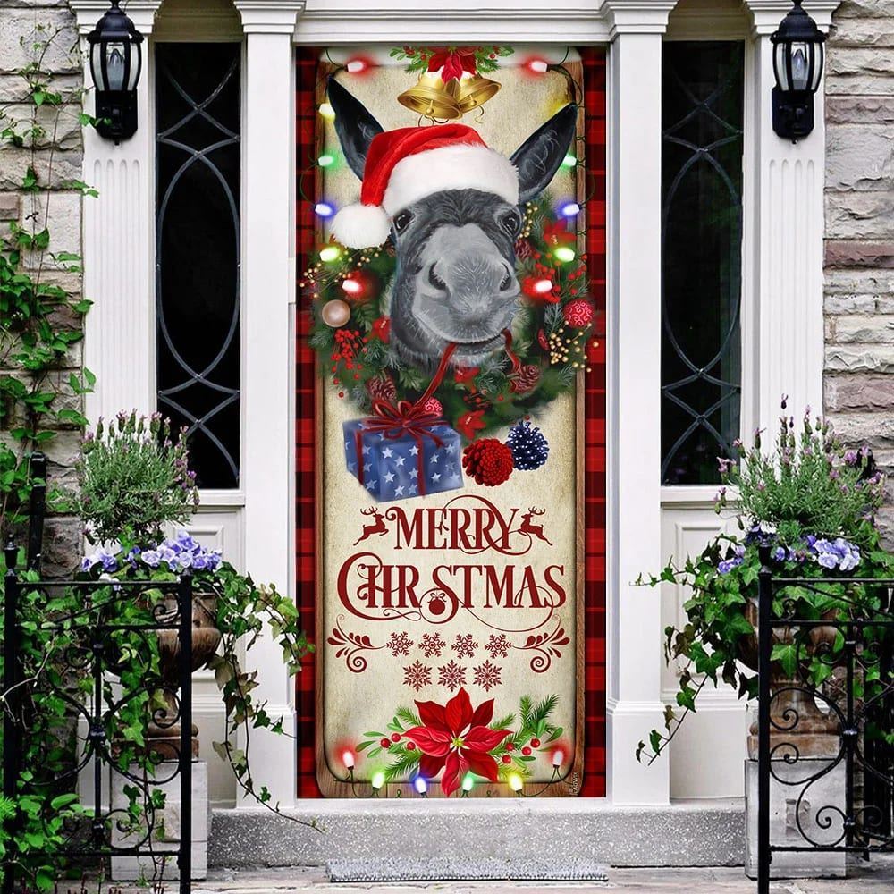 Farm Cattle Donkey Merry Christmas Door Cover, Gift For Famer