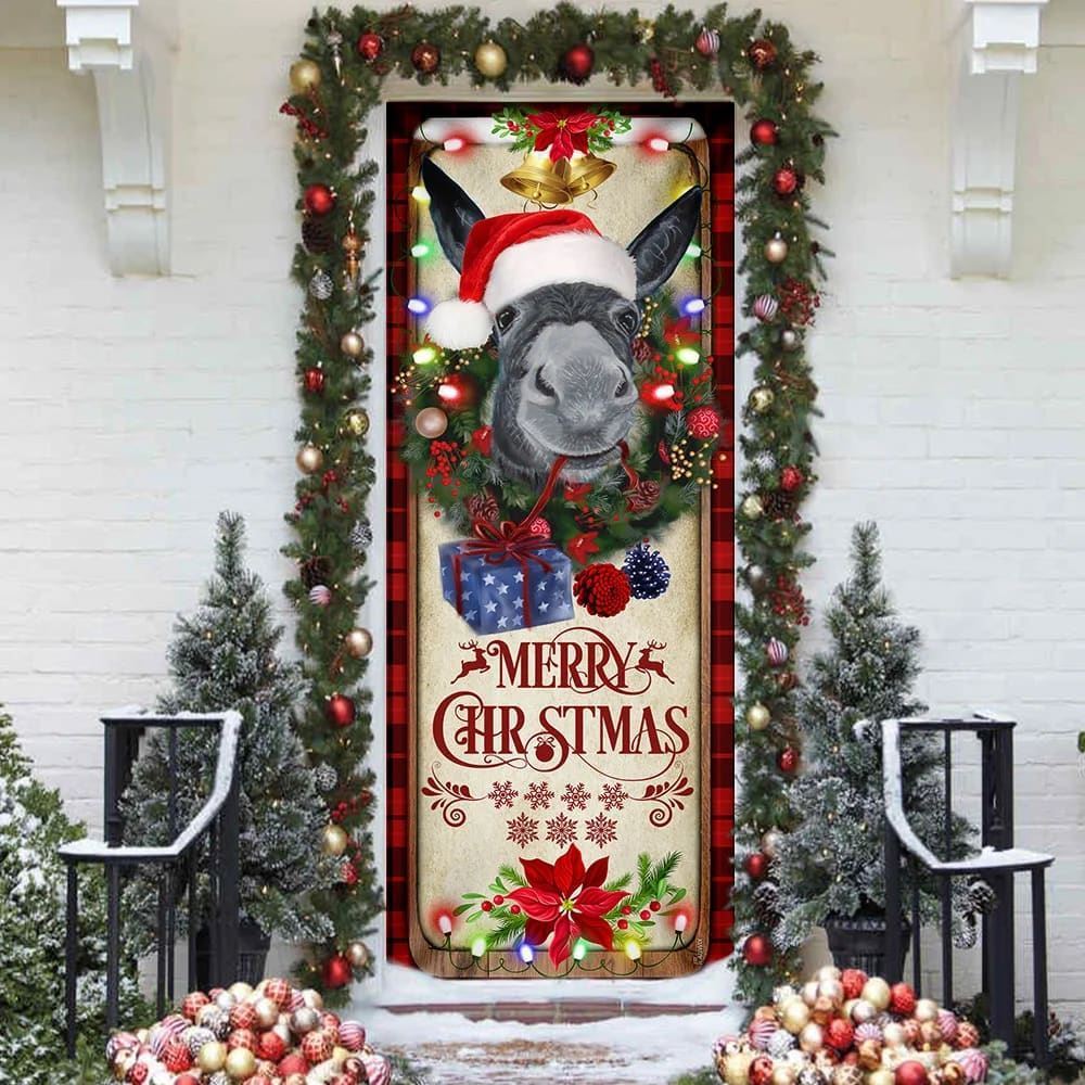 Farm Cattle Donkey Merry Christmas Door Cover, Gift For Famer