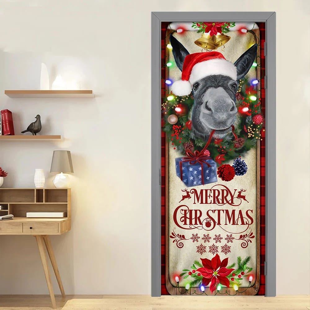 Farm Cattle Donkey Merry Christmas Door Cover, Gift For Famer