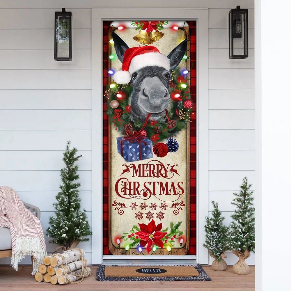 Farm Cattle Donkey Merry Christmas Door Cover, Gift For Famer