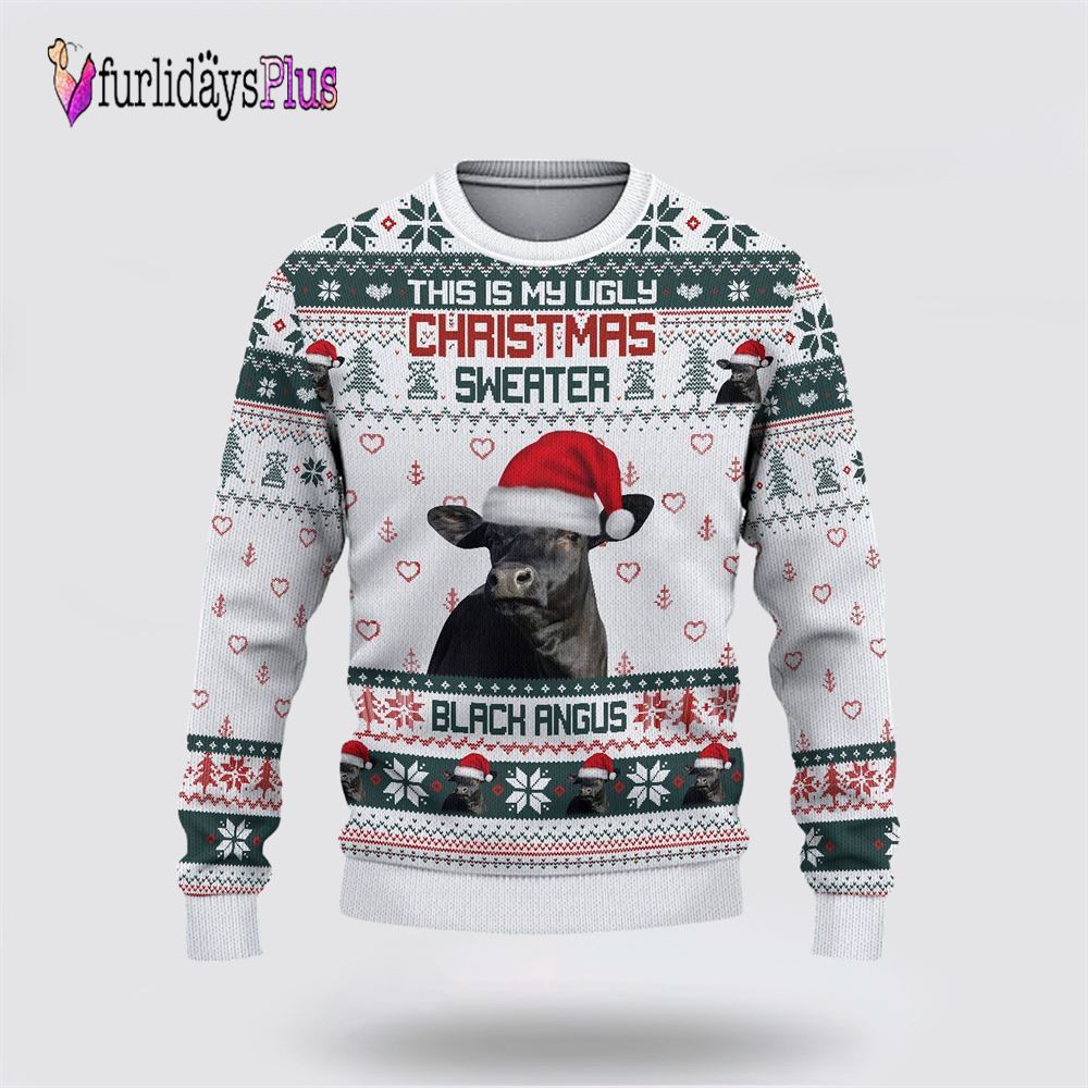 Farm Ugly Christmas Sweater, Black Angus Green Merry Christmas Ugly Sweater