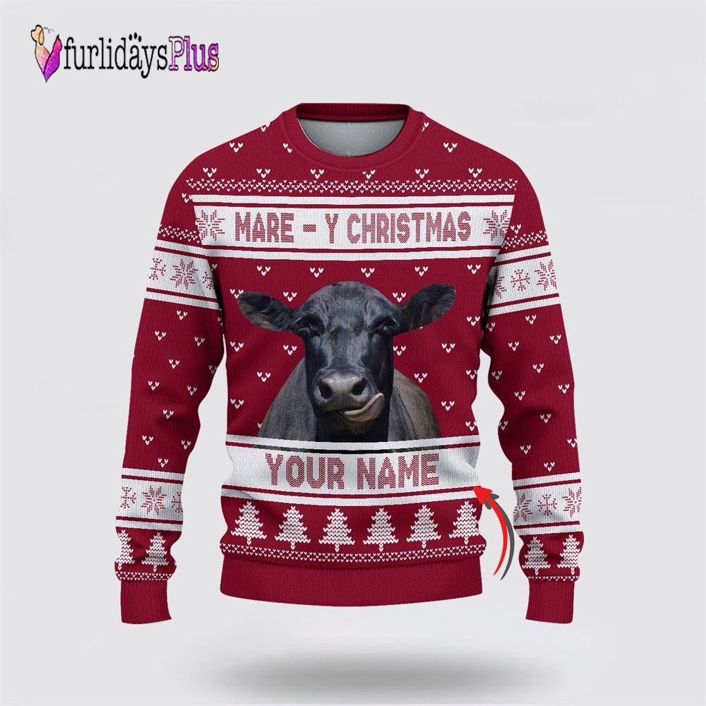 Farm Ugly Christmas Sweater, Custom Name Black Angus Mare Y Christmas Ugly Sweater