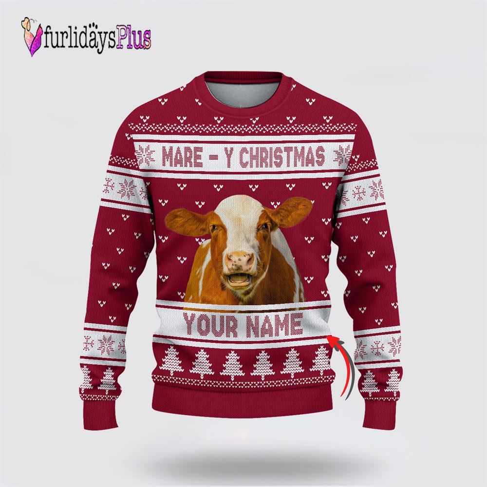 Farm Ugly Christmas Sweater, Custom Name Hereford Cattle Mare Y Christmas Ugly Sweater