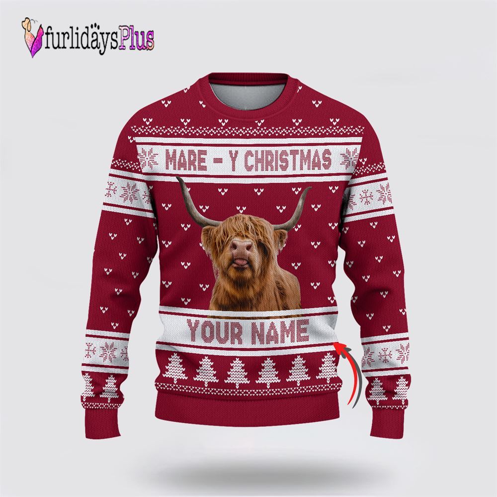 Farm Ugly Christmas Sweater, Custom Name Highland Cattle Mare Y Christmas Ugly Sweater