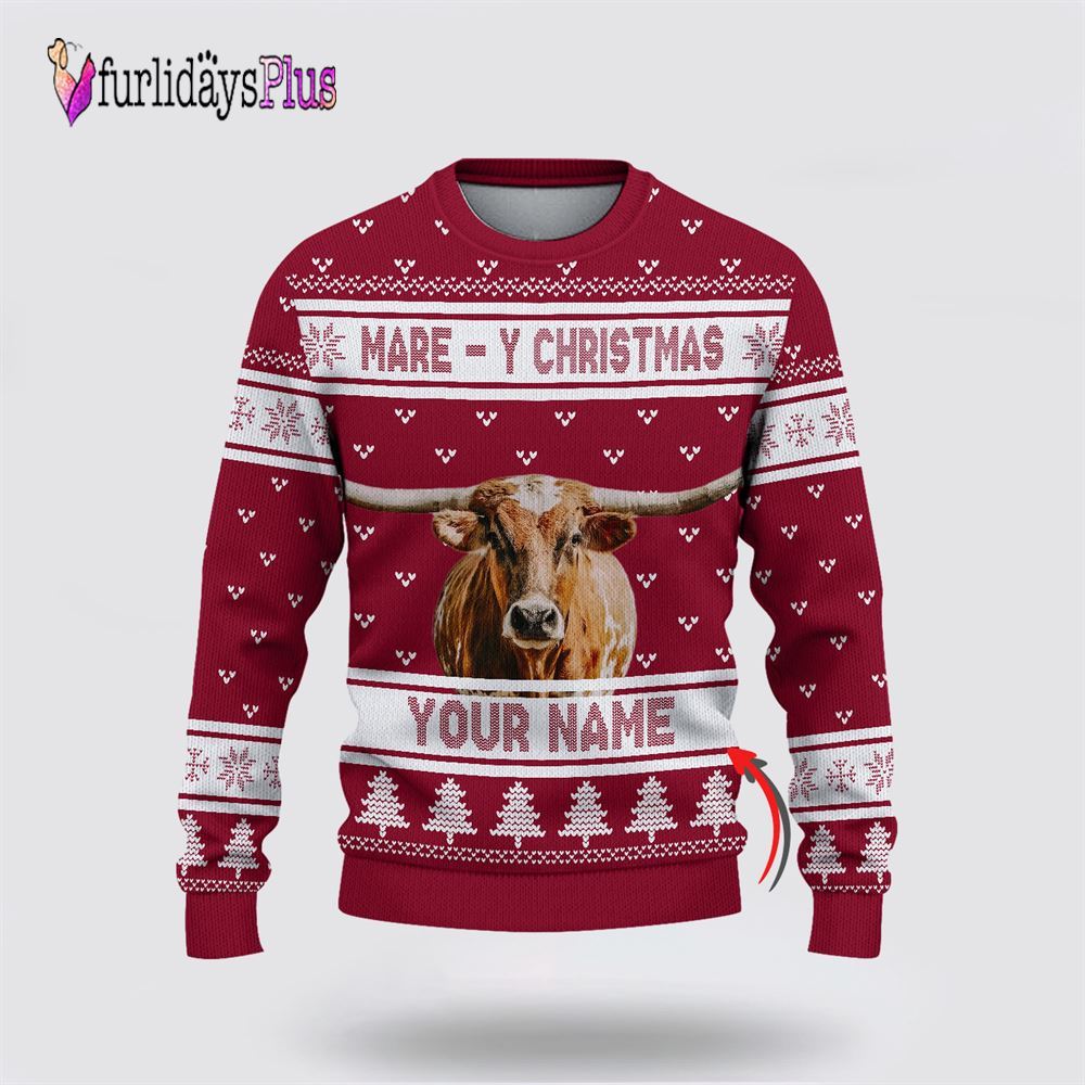 Farm Ugly Christmas Sweater, Custom Name Texas Longhorn Mare Y Christmas Ugly Sweater