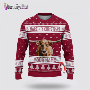 Farm Ugly Christmas Sweater, Custom Name Texas Longhorn Mare Y Christmas Ugly Sweater