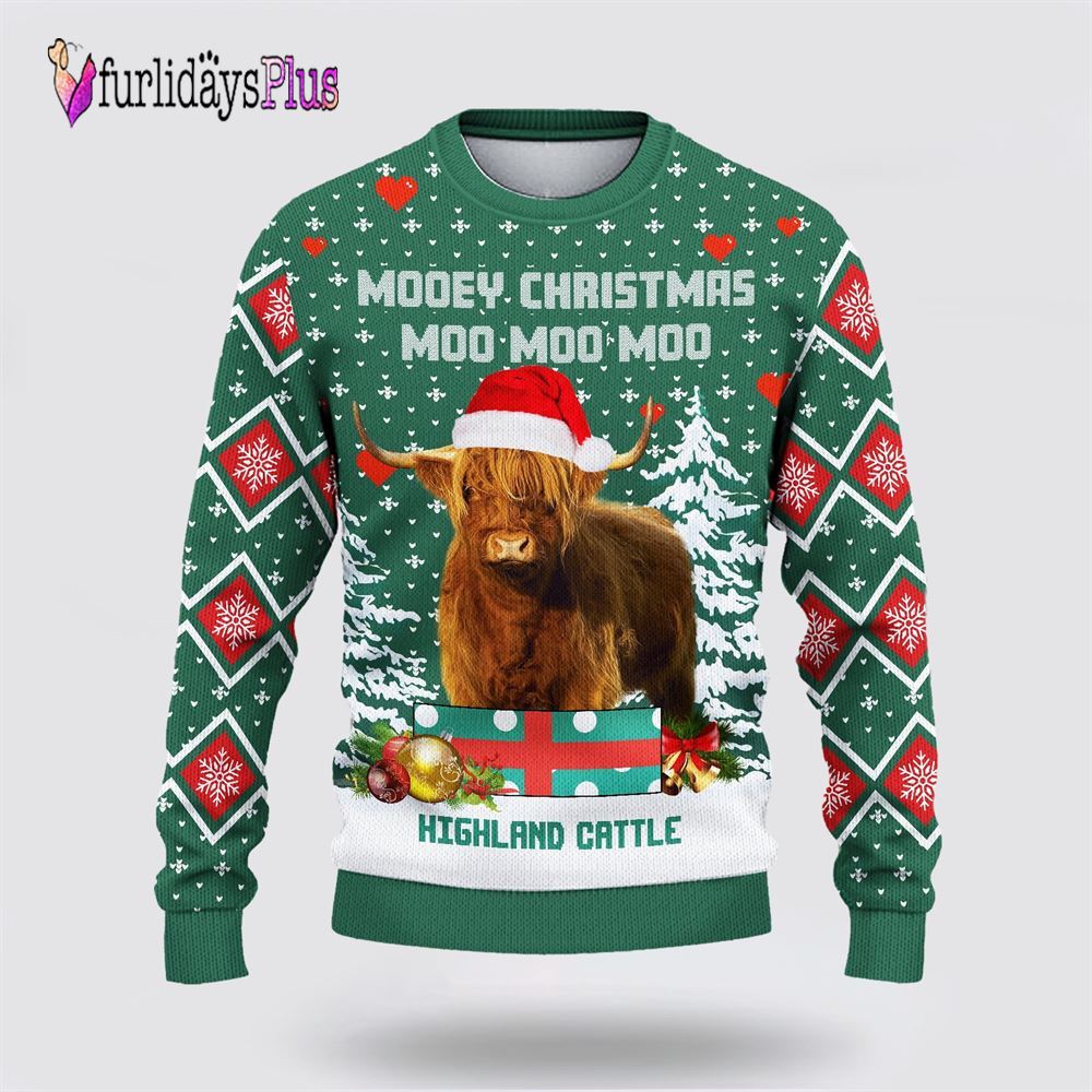 Farm Ugly Christmas Sweater, Highland Cattle Green Merry Christmas Ugly Sweater