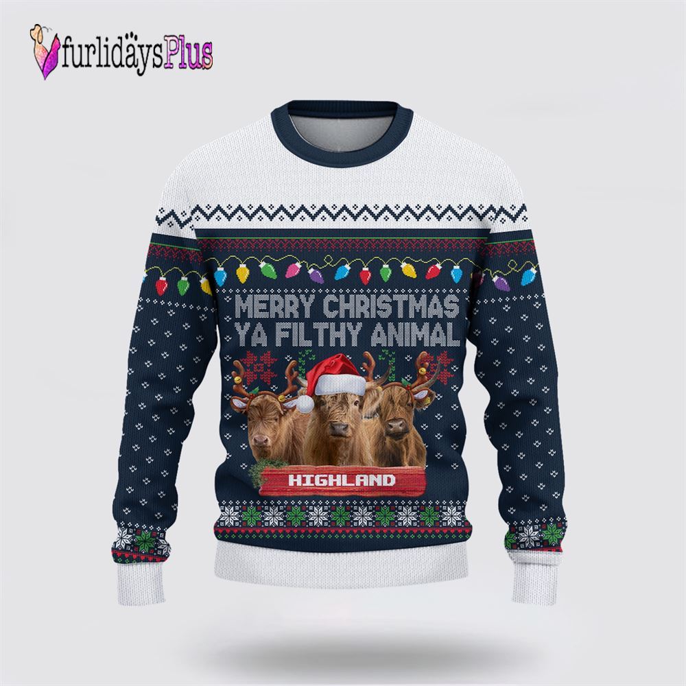 Farm Ugly Christmas Sweater, Highland Cattle Merry Christmas Ugly Sweater