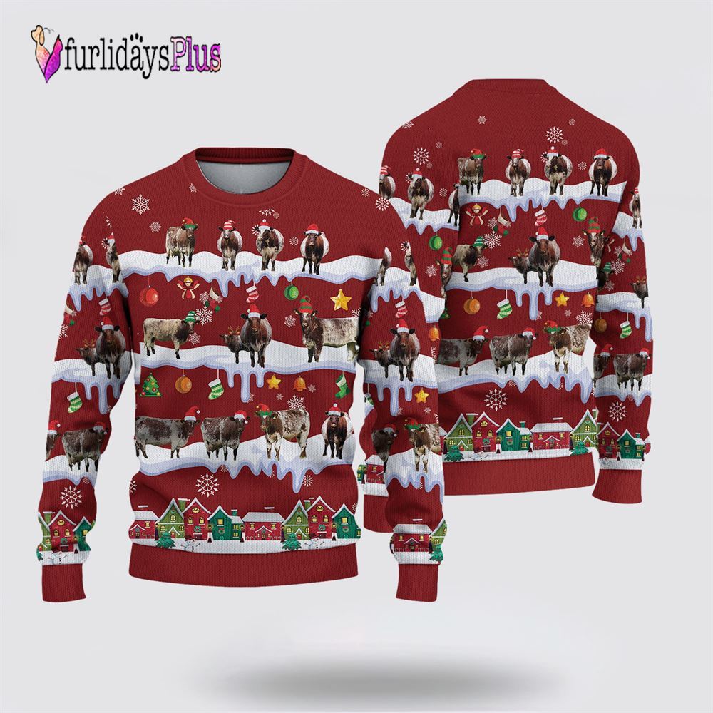 Farm Ugly Christmas Sweater, Shorthorn Christmas Knitted Sweater