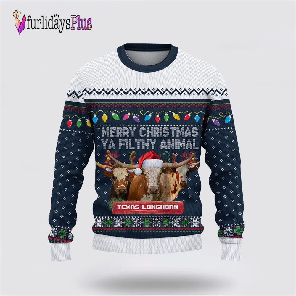 Farm Ugly Christmas Sweater, Texas Longhorn Merry Christmas Ugly Sweater