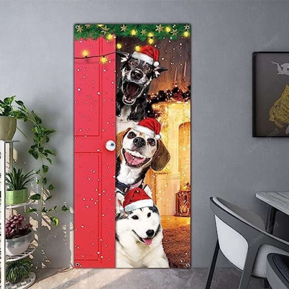 Festive Santa Dogs Merry Christmas Door Cover, Xmas Party Supplies