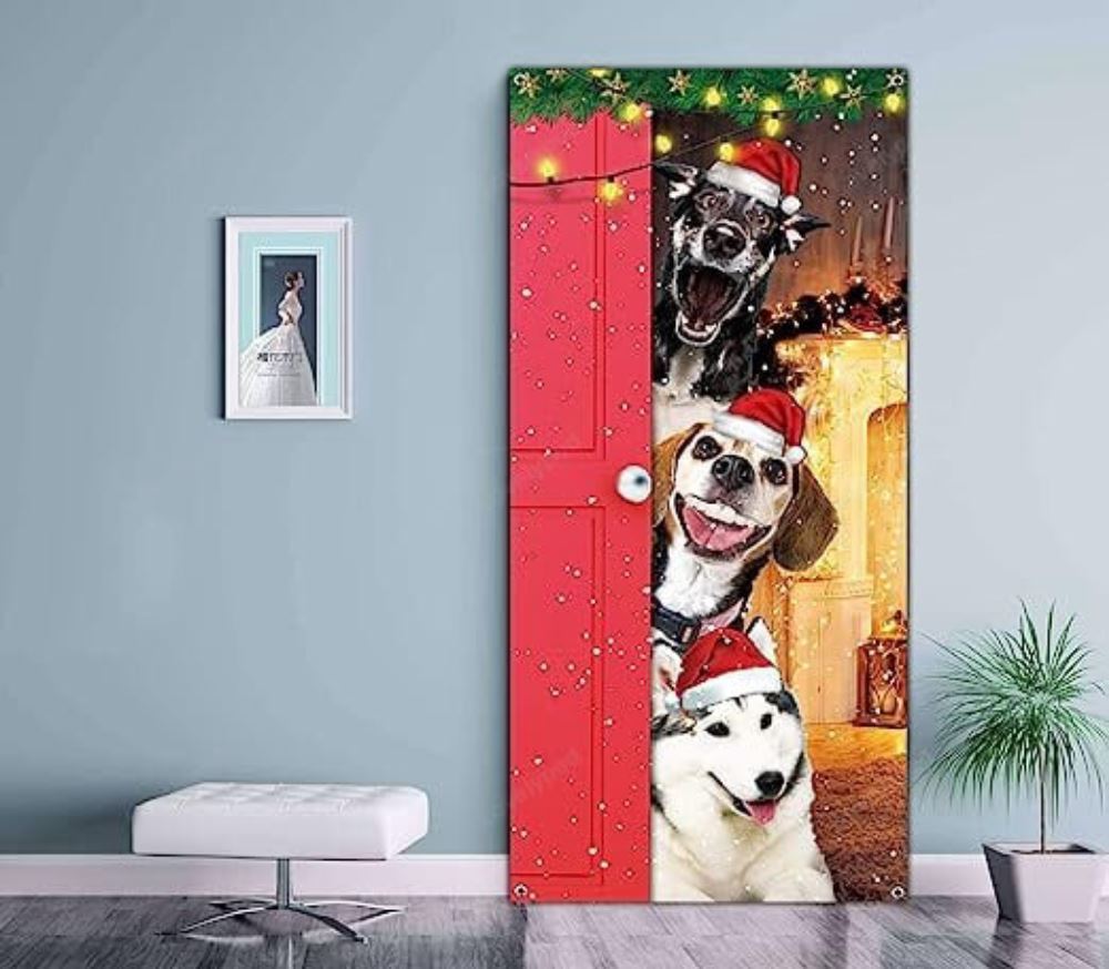 Festive Santa Dogs Merry Christmas Door Cover, Xmas Party Supplies