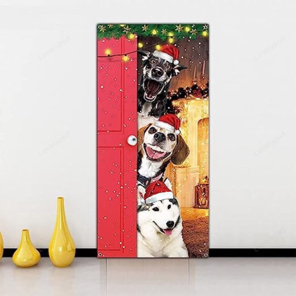 Festive Santa Dogs Merry Christmas Door Cover, Xmas Party Supplies