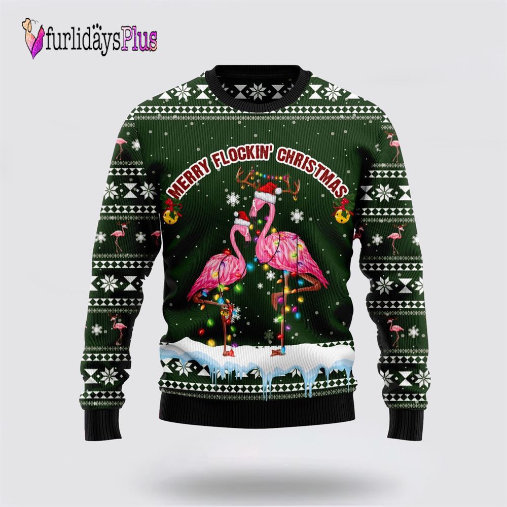Flamingo Merry Flockin' Christmas Ugly Christmas Sweater, Sweater Gifts For Pet Lover