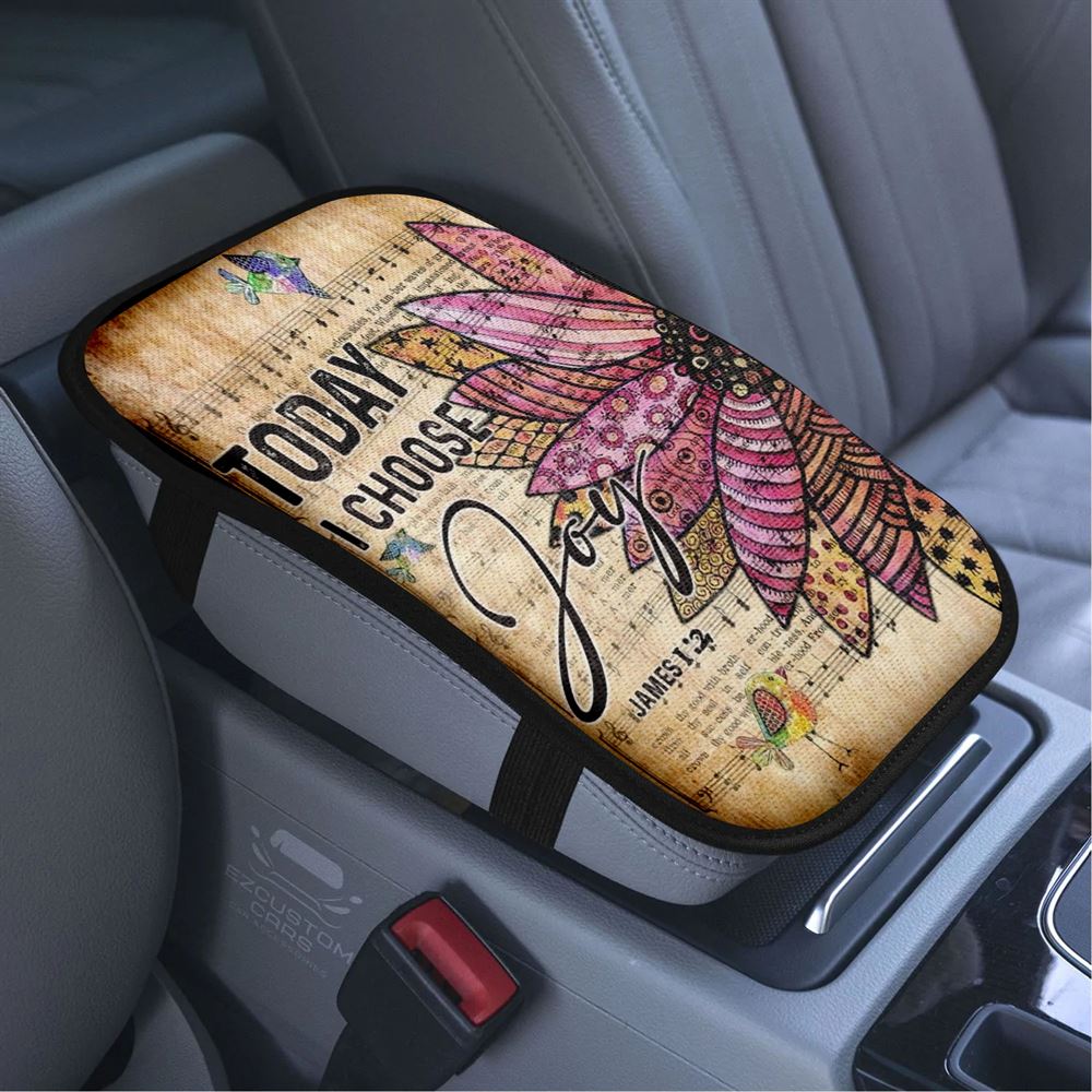 Flower, Colorful Sparrow, Music Sheet, Today I Choose Joy Car Center Console Cover, Bible Verse Car Armrest Cover