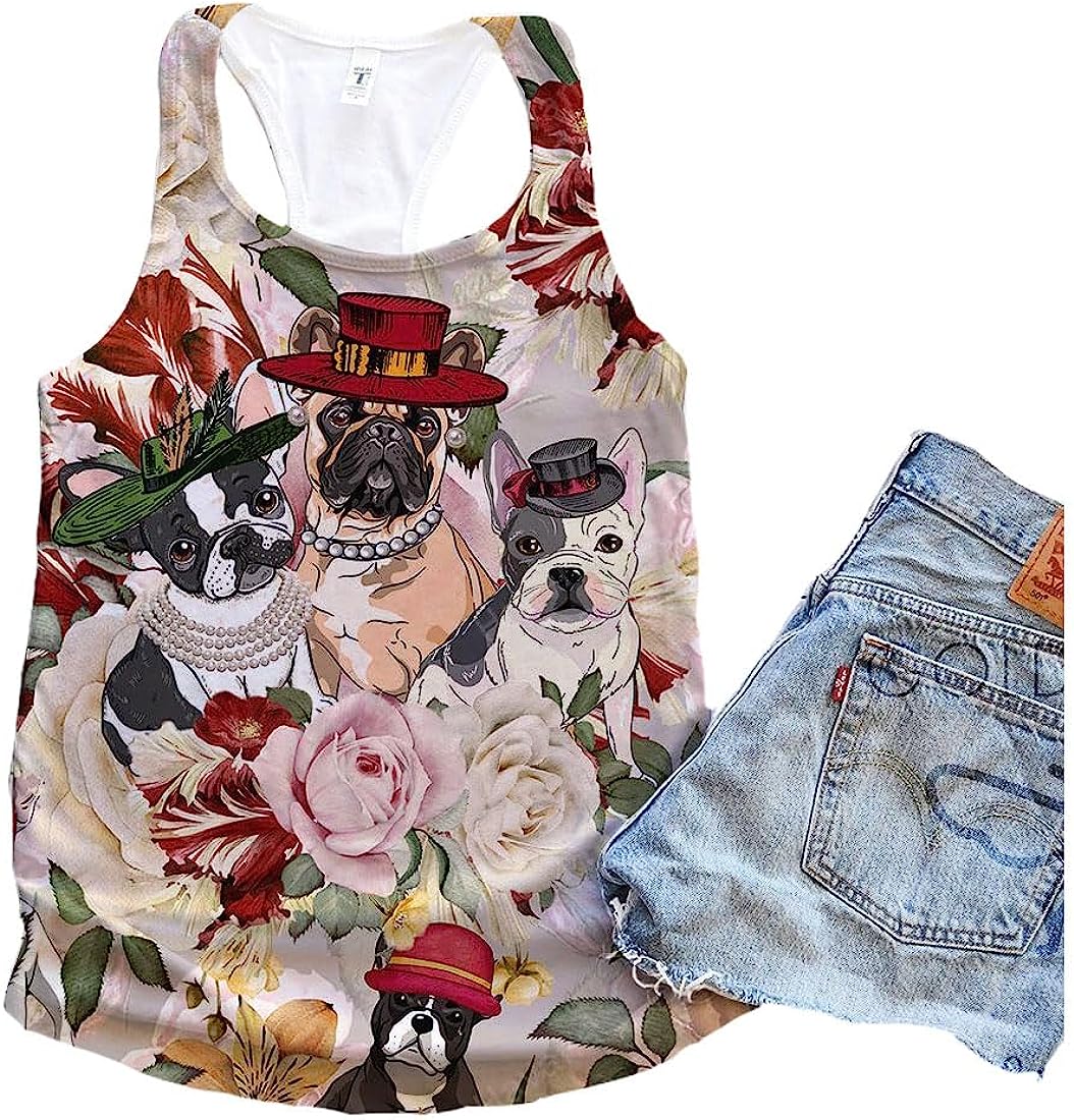 French Bulldog Vintage Floral Tank Top - Summer Casual Tank Tops For Women - Gift For Young Adults