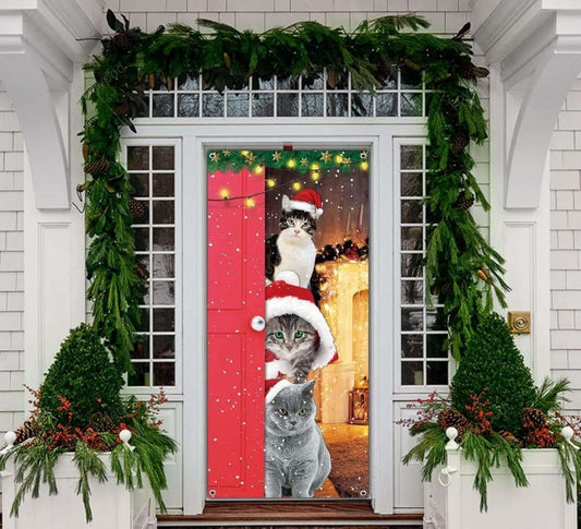 Fun & Festive Funny Cats Door Cover Merry Christmas & Santa Cats Xmas Decoration, Christmas Door Cover