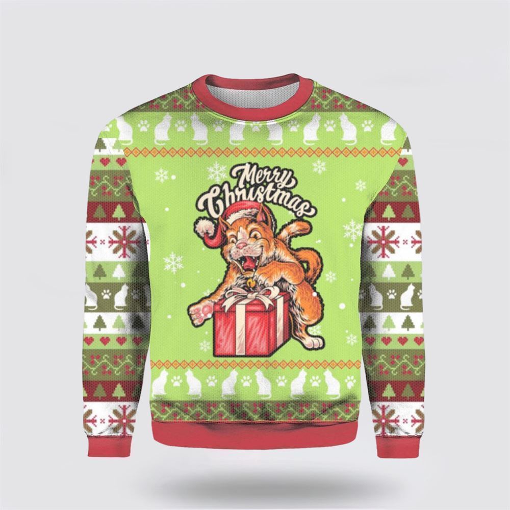 Funny Cat Merry Christmas Ugly Christmas Sweater, Christmas Sweater For Cat Lover