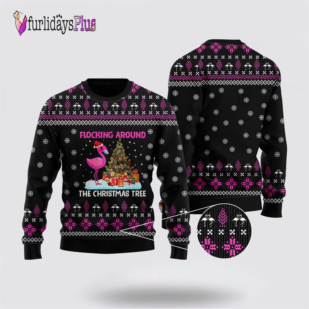 Funny Flamingo Flocking Around The Christmas Tree Ugly Christmas Sweater, Sweater Gifts For Pet Lover