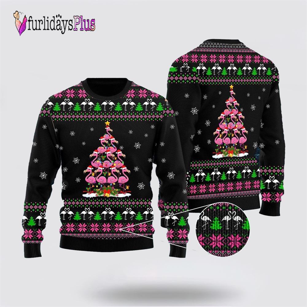 Funny Flamingo Tree Ugly Christmas Sweater, Sweater Gifts For Pet Lover